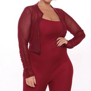 Burgundy Sheer Sleeve Jumpsuit